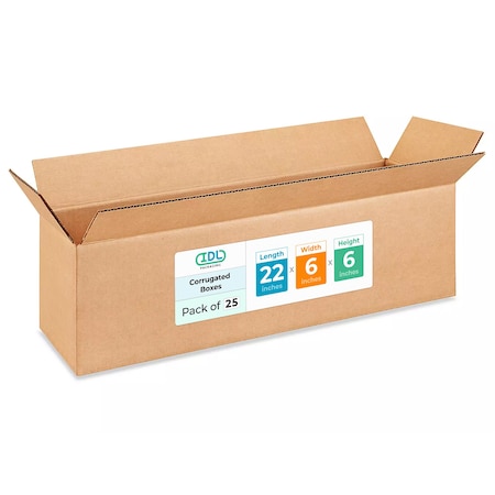 Idl Packaging 22 in x 6 in x 6 in Shipping Box, Kraft, Corrugate, Single Wall, 200#, 25 PK B-2266-25